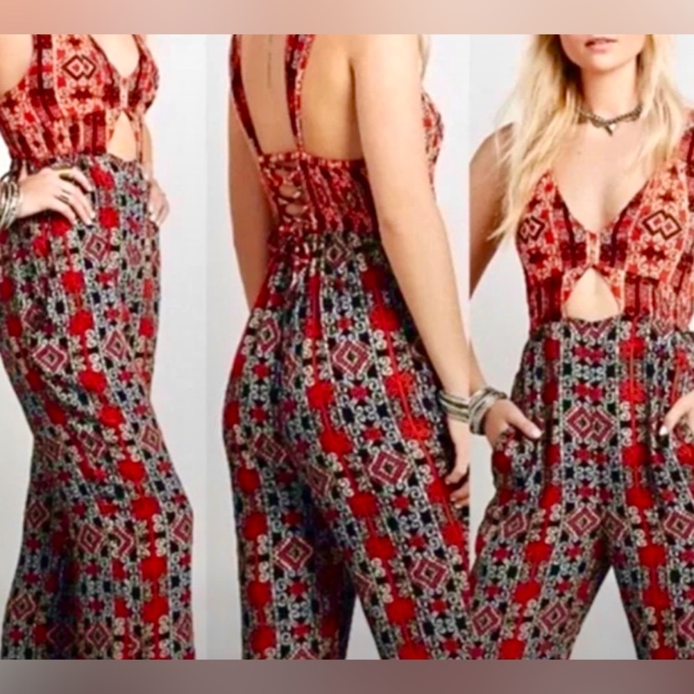 Free people jumpsuit, red blue, Beach Bohemian festival outfit